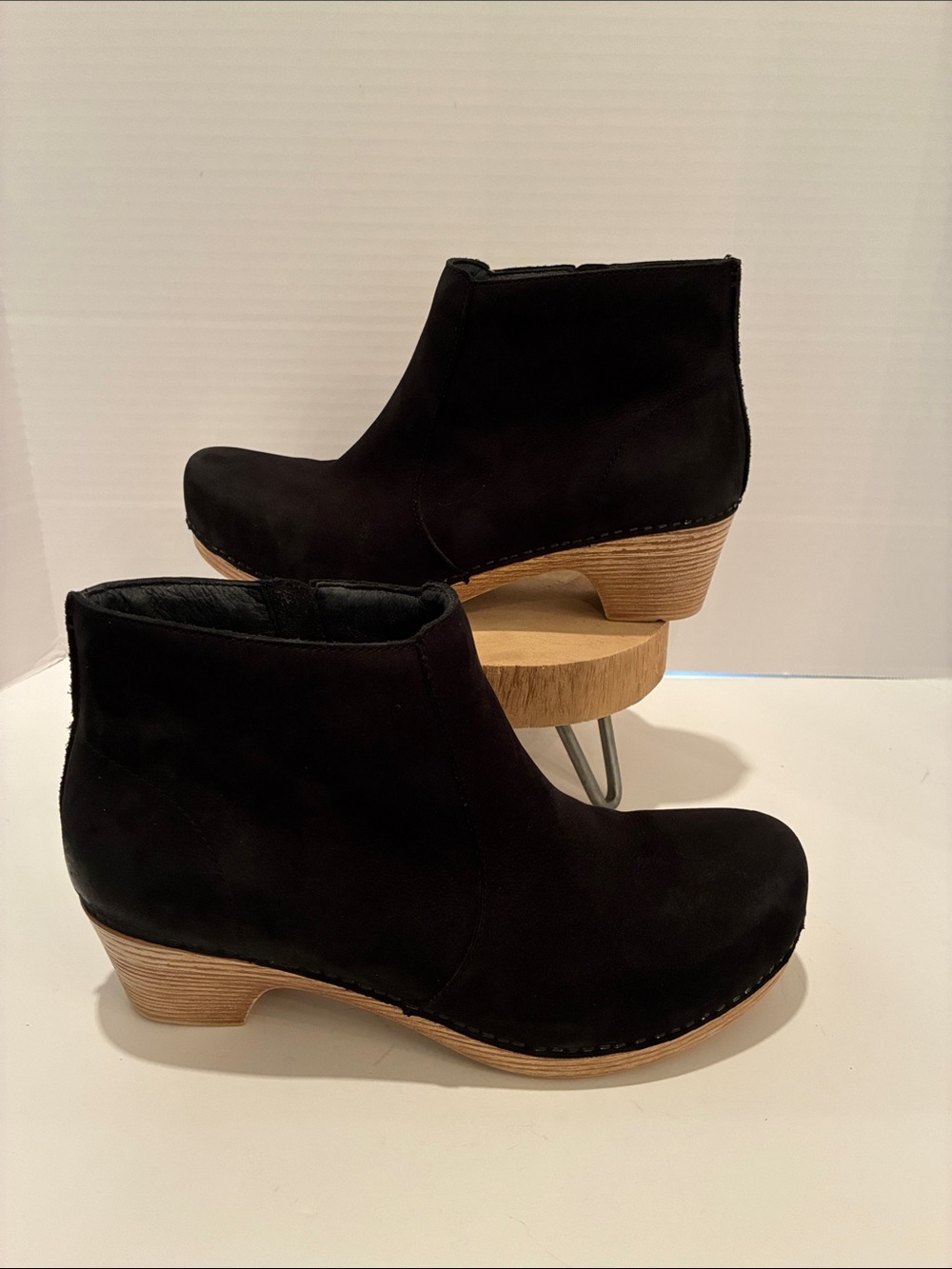 Dansko Black Suede Ankle Booties with Wood-Tone Heel